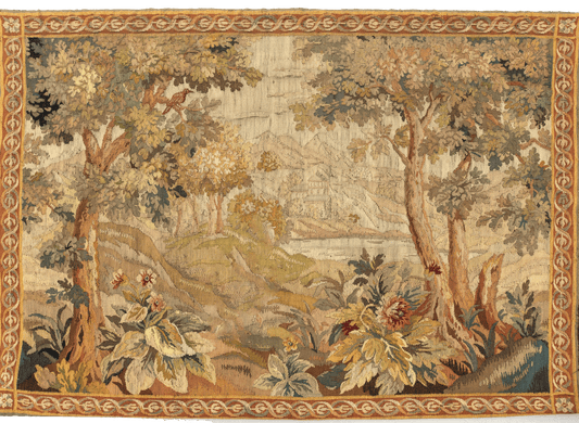 Idyllic Woodland Scene: A Reproduction of an 18th Century Flemish Verdure Tapestry Featuring a Serene Landscape with Stately Trees, Exotic Birds, and Blooming Flora Enclosed in an Ornate Border RE60929