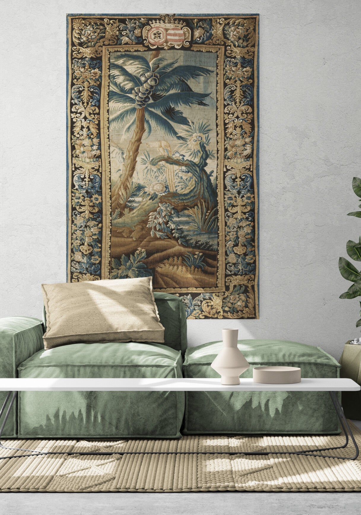 Exotic Verdure Tapestry with Heraldic Crest: 17th-Century Masterpiece of Nature and Nobility RE001825