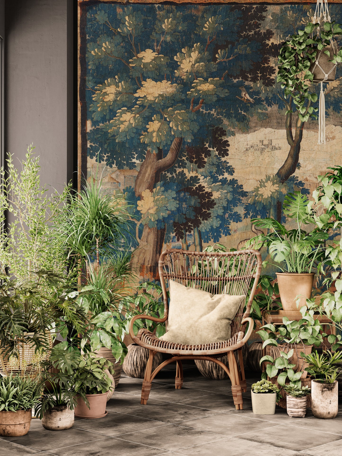 17th-Century Verdure Tapestry Reproduction – Pastoral Elegance with Cranes, Trees, and Idyllic Landscapes RE817251