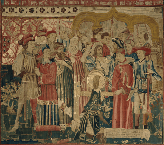 Late Medieval or Early Renaissance Court Scene Tapestry Reproduction: A Regal Assembly Depicting Nobility, Ceremony, and Medieval Tradition in Rich Detail RE229830