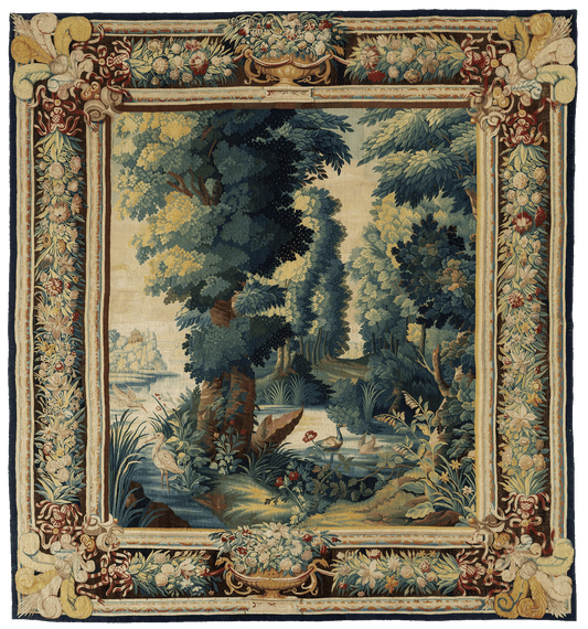 Rare 18th Century Verdure Tapestry Reproduction with Detailed Woodland Scene and Ornate Floral Border, Perfect for Antique Collectors and Historical Home Decor RE527431