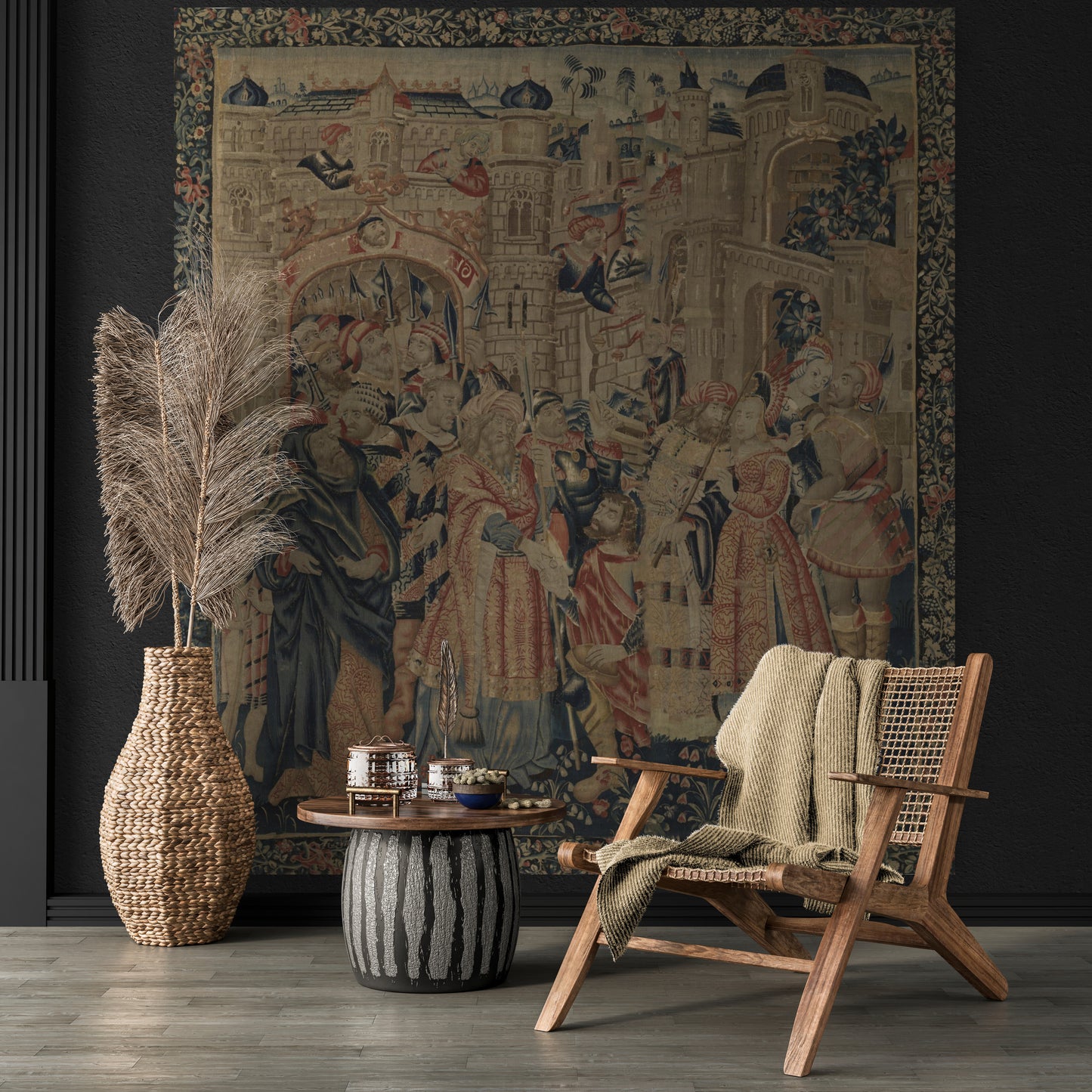 Dim 16th Century Flemish Tapestry Depicting The Triumph of Joseph with Architectural Grandeur and Courtly Figures RE238276