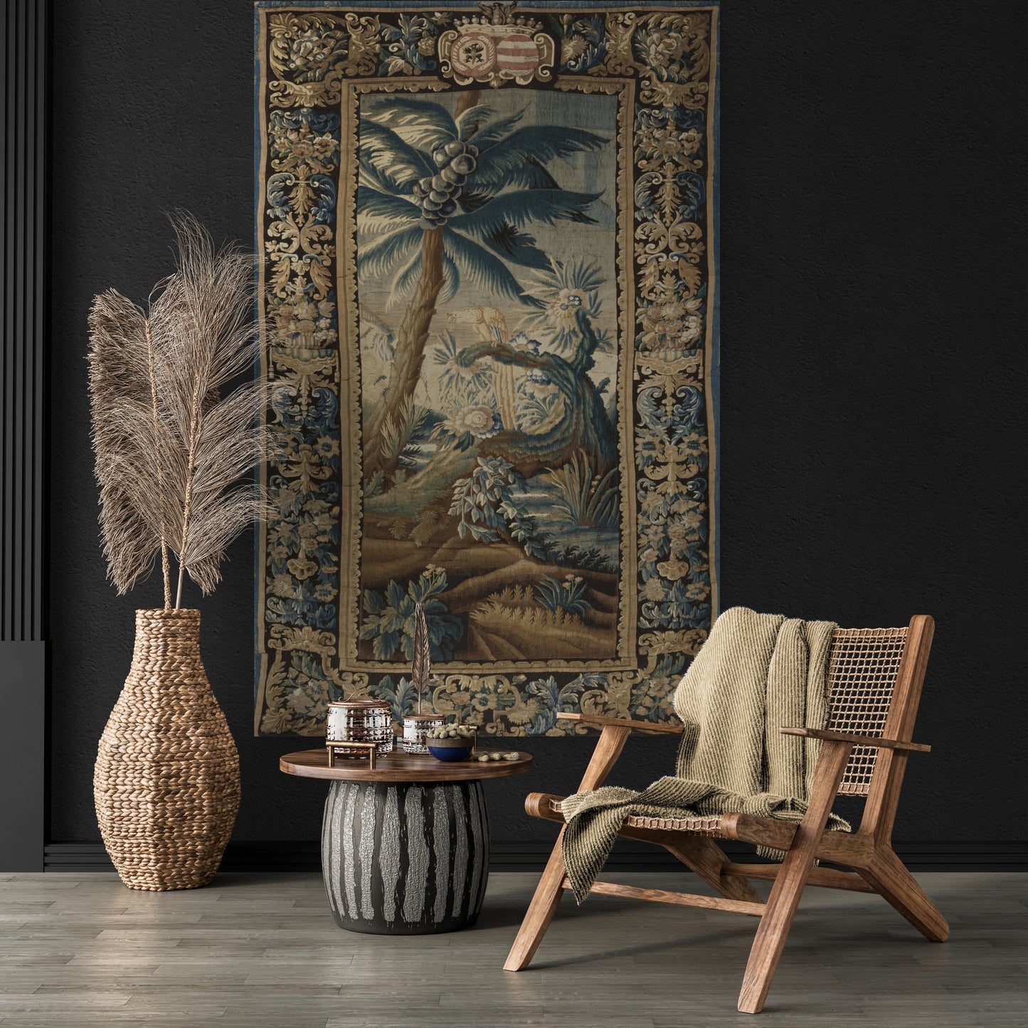 Exotic Verdure Tapestry with Heraldic Crest: 17th-Century Masterpiece of Nature and Nobility RE001825