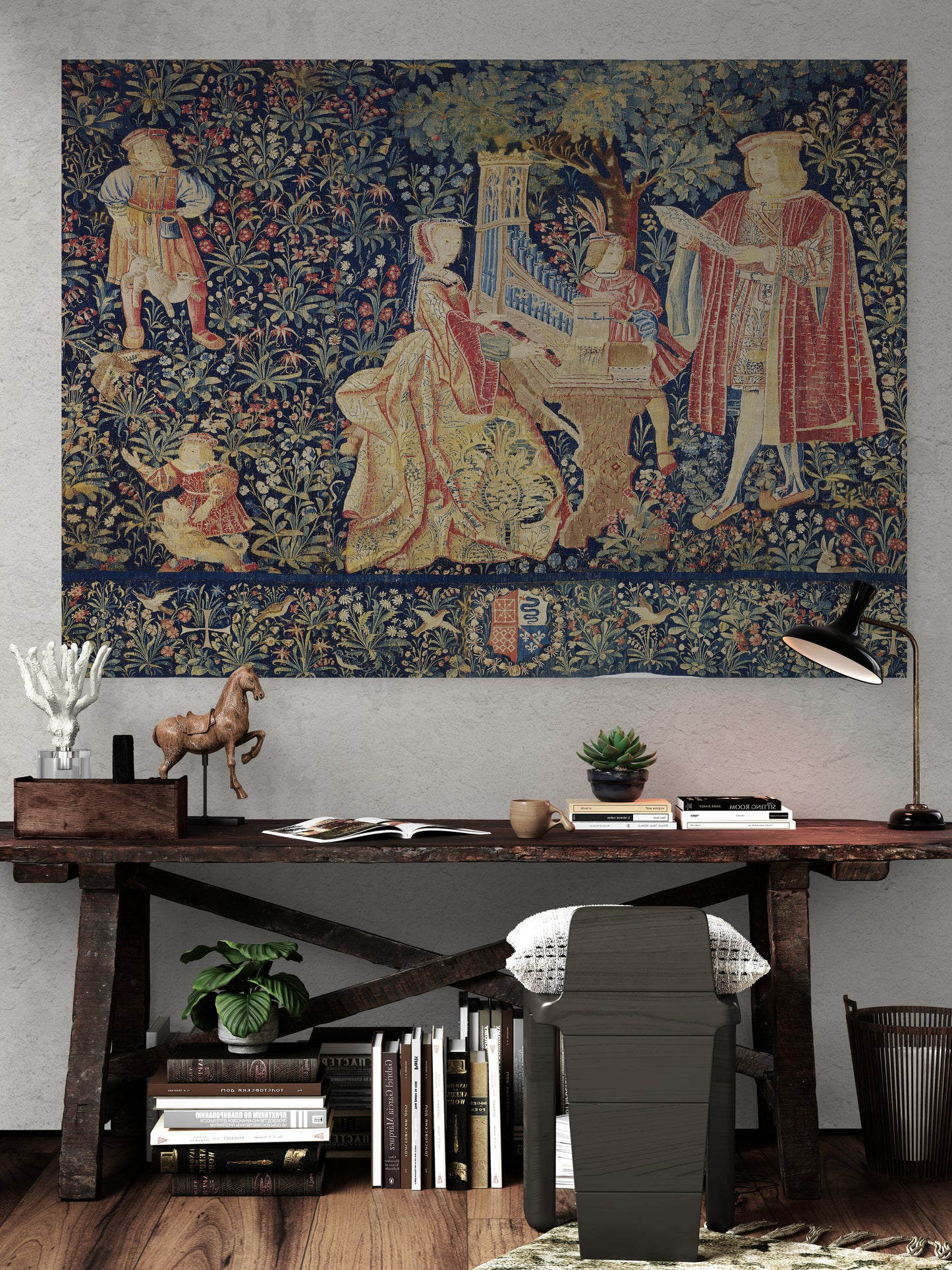 RARE Medieval Millefleur Tapestry: Noble Musician Scene, Vibrant Weave RE975558