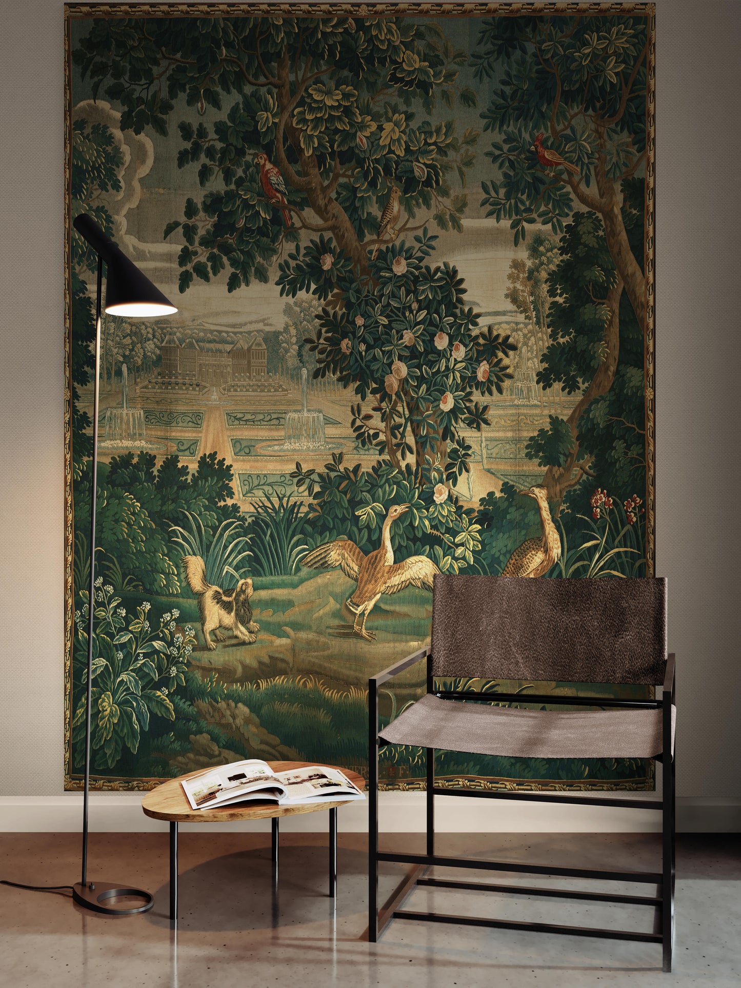 Verdure with Château and Garden: A Lush Wall Tapestry Fabric Print and Woven Option RE910029