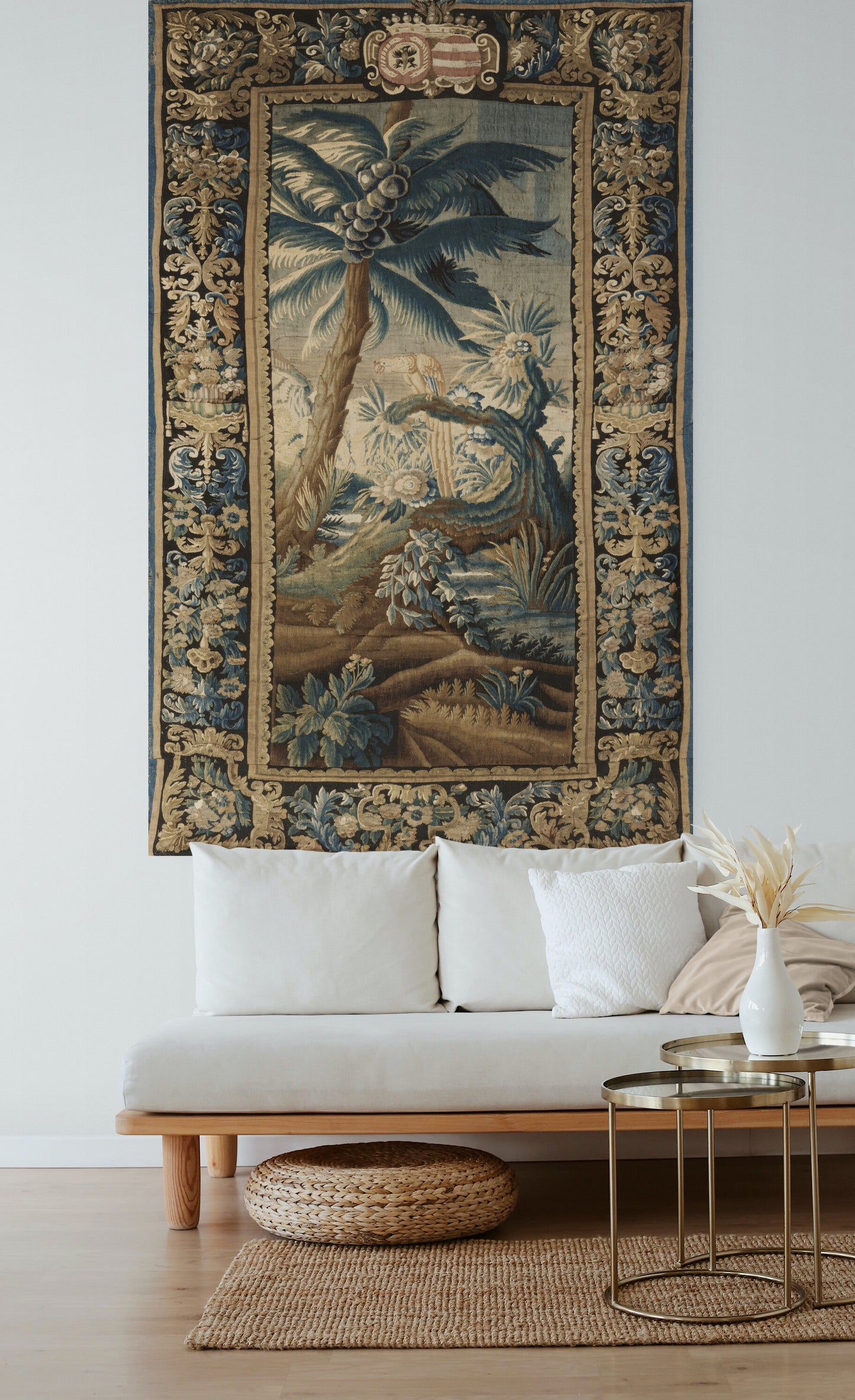 Exotic Verdure Tapestry with Heraldic Crest: 17th-Century Masterpiece of Nature and Nobility RE001825