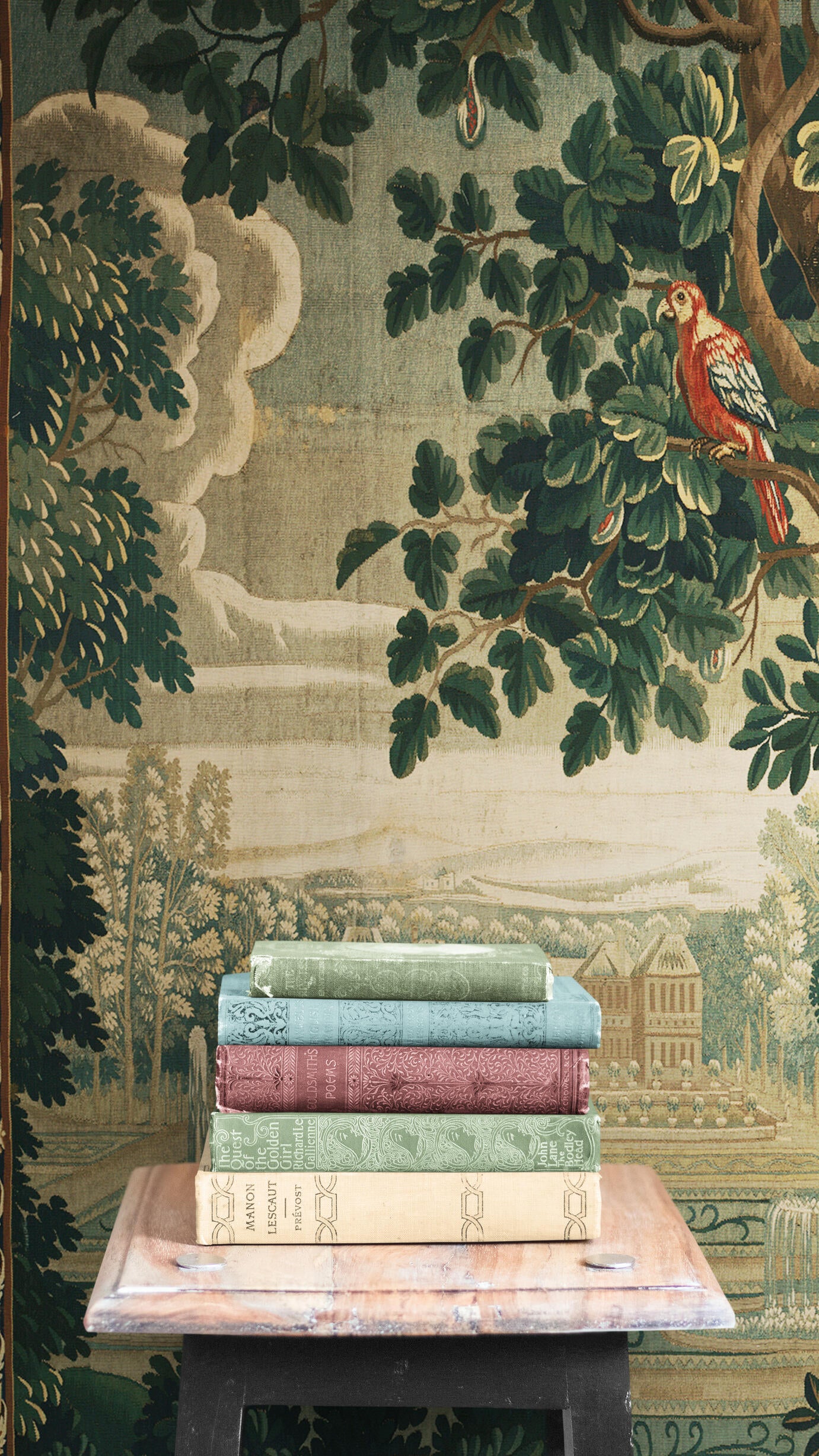 Verdure with Château and Garden: A Lush Wall Tapestry Fabric Print and Woven Option RE910029