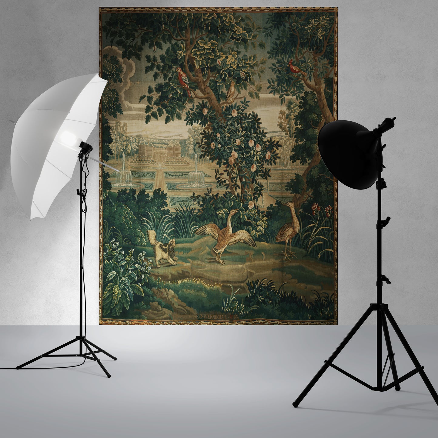 Verdure with Château and Garden: A Lush Wall Tapestry Fabric Print and Woven Option RE910029