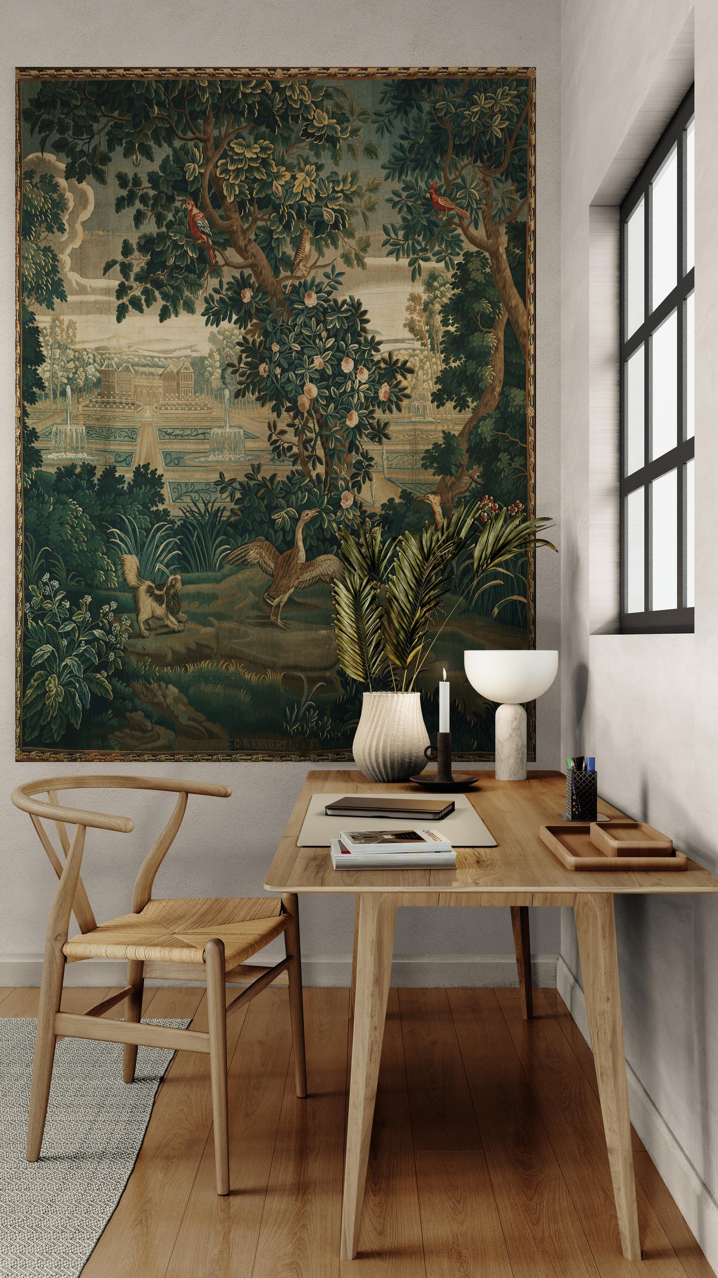 Verdure with Château and Garden: A Lush Wall Tapestry Fabric Print and Woven Option RE910029