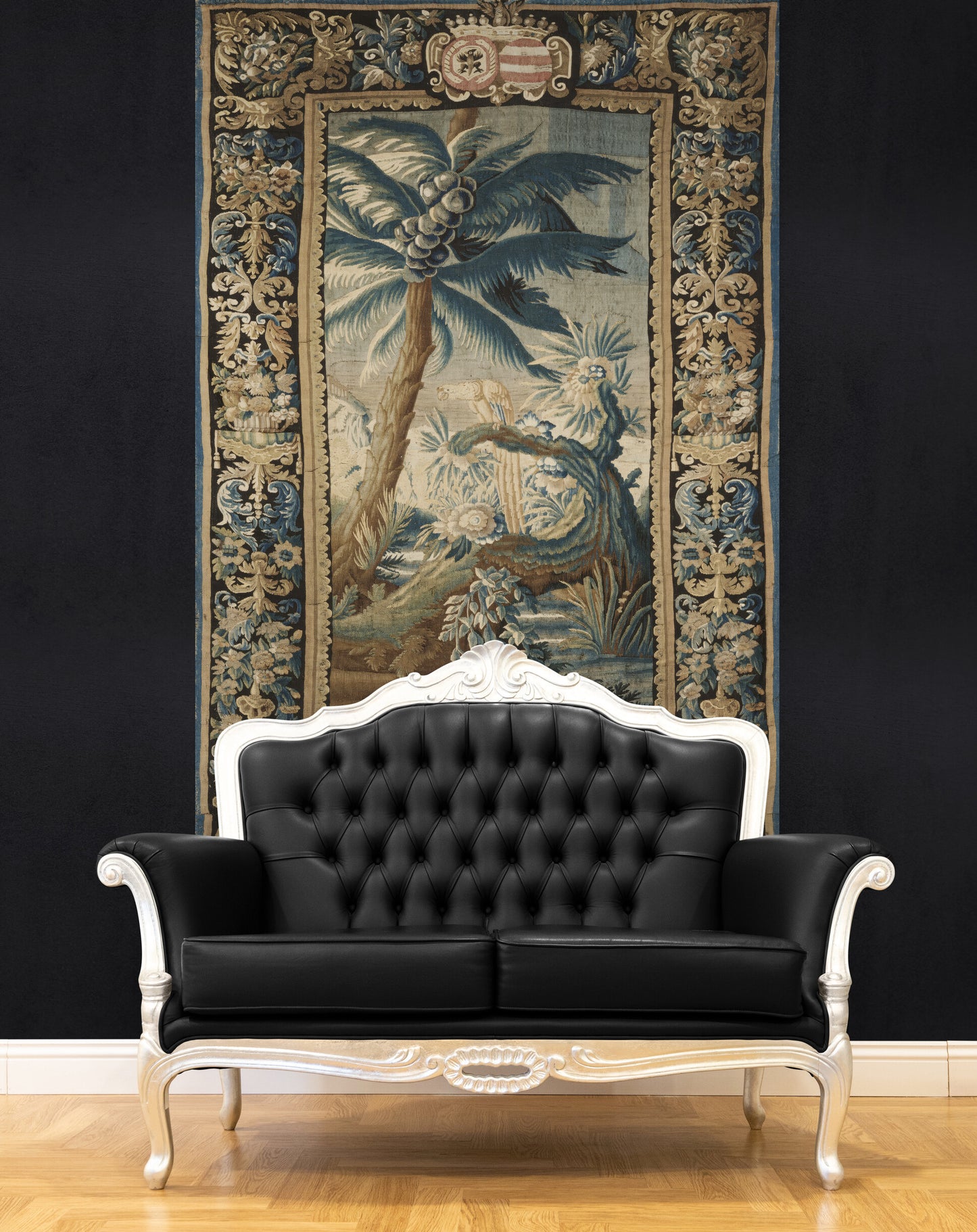 Exotic Verdure Tapestry with Heraldic Crest: 17th-Century Masterpiece of Nature and Nobility RE001825