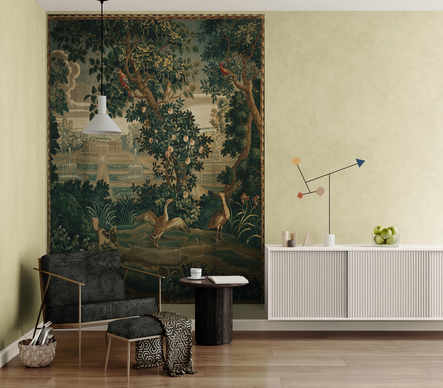 Verdure with Château and Garden: A Lush Wall Tapestry Fabric Print and Woven Option RE910029