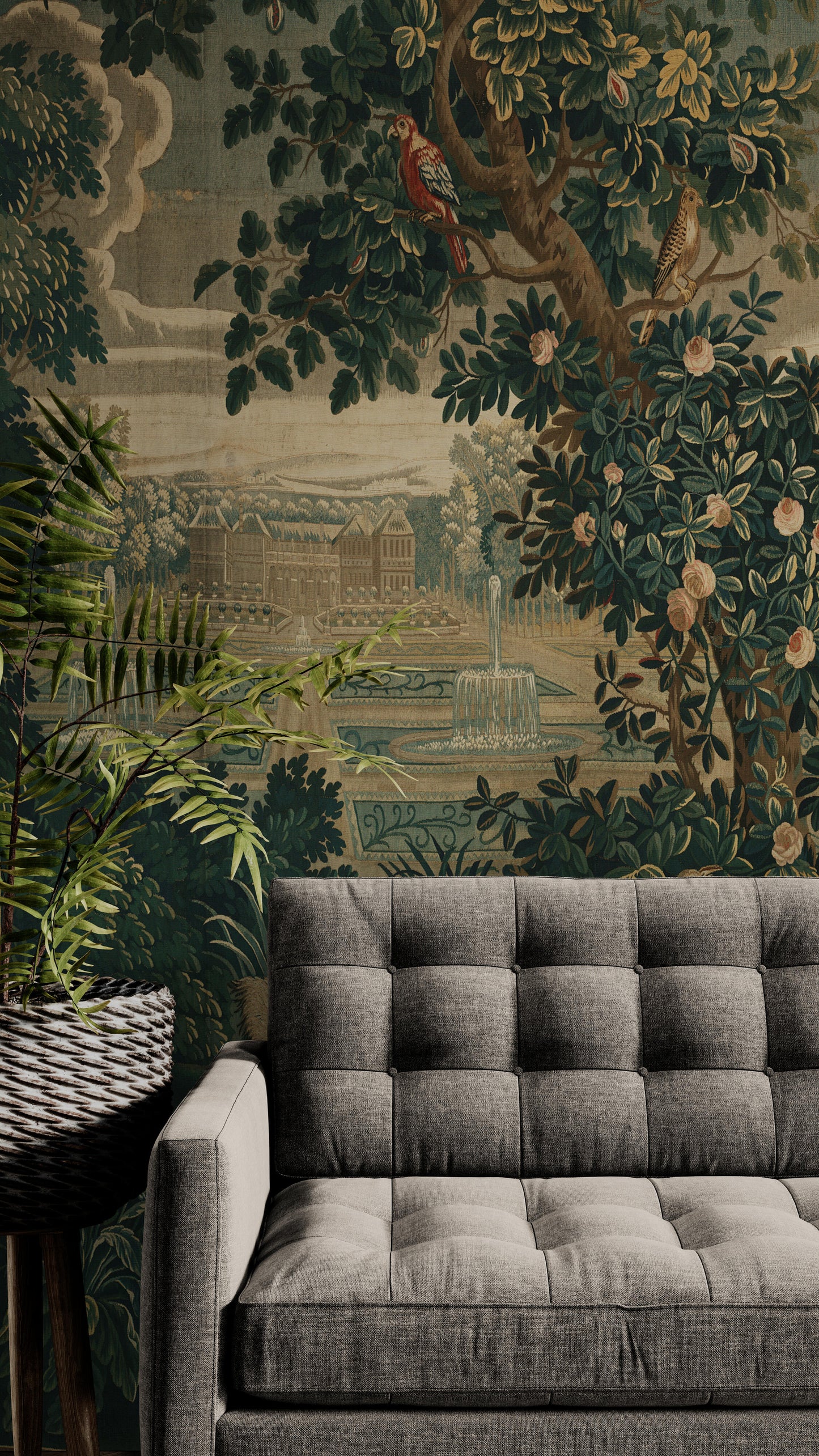 Verdure with Château and Garden: A Lush Wall Tapestry Fabric Print and Woven Option RE910029