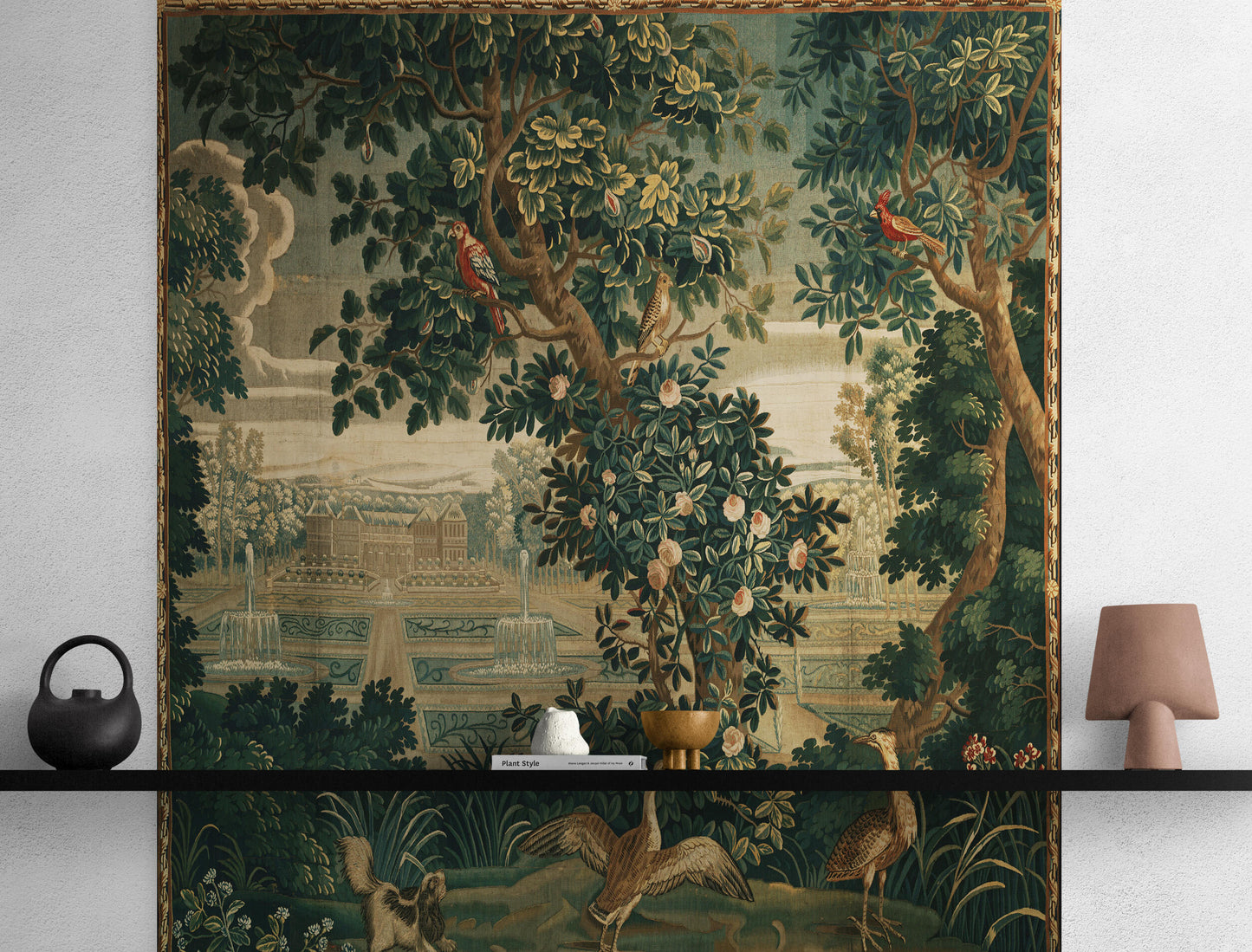 Verdure with Château and Garden: A Lush Wall Tapestry Fabric Print and Woven Option RE910029