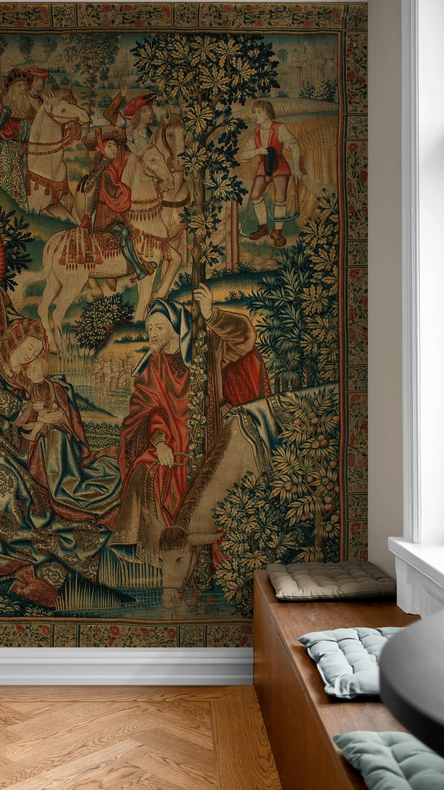 Classic 15th Century Flemish Tapestry Depicting The Flight into Egypt with Richly Detailed Biblical Scene and Ornamental Border RE167719