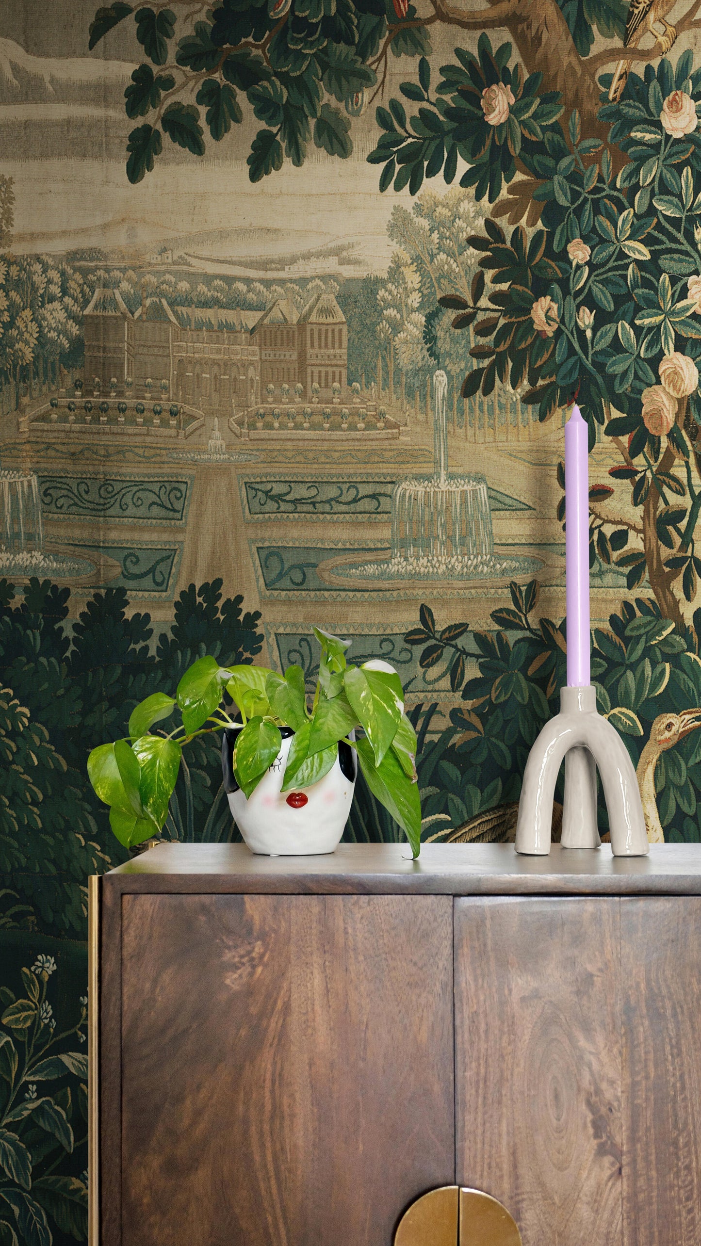 Verdure with Château and Garden: A Lush Wall Tapestry Fabric Print and Woven Option RE910029