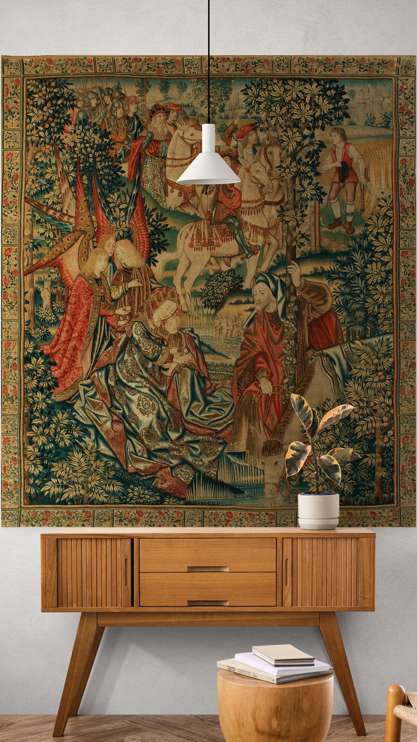 Classic 15th Century Flemish Tapestry Depicting The Flight into Egypt with Richly Detailed Biblical Scene and Ornamental Border RE167719